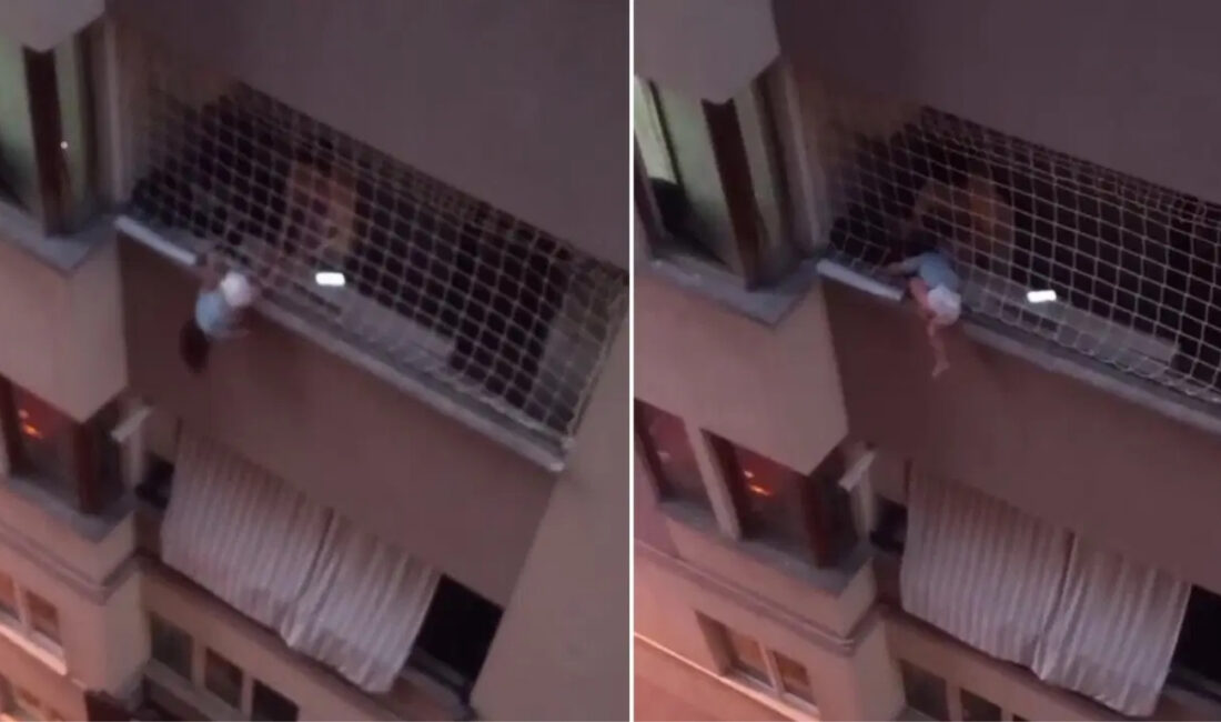 Denizli’de küçük bir çocuk balkon koruma filesinin dışında asılı kaldı.
